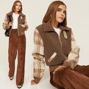 Jonathan Simkhai Bobbi Wool Plaid Brown Tan Plaid Sherpa Bomber Jacket Medium